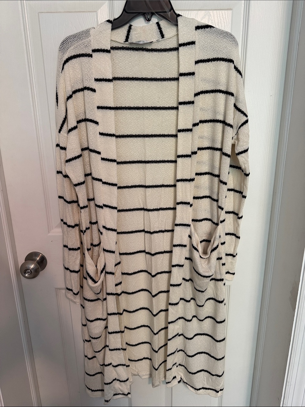 NWOT Charlotte Avery Striped Open-Front Long Cardigan - Cream/Black